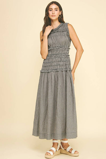 Gingham Shirring Detailed Maxi Dress - Black