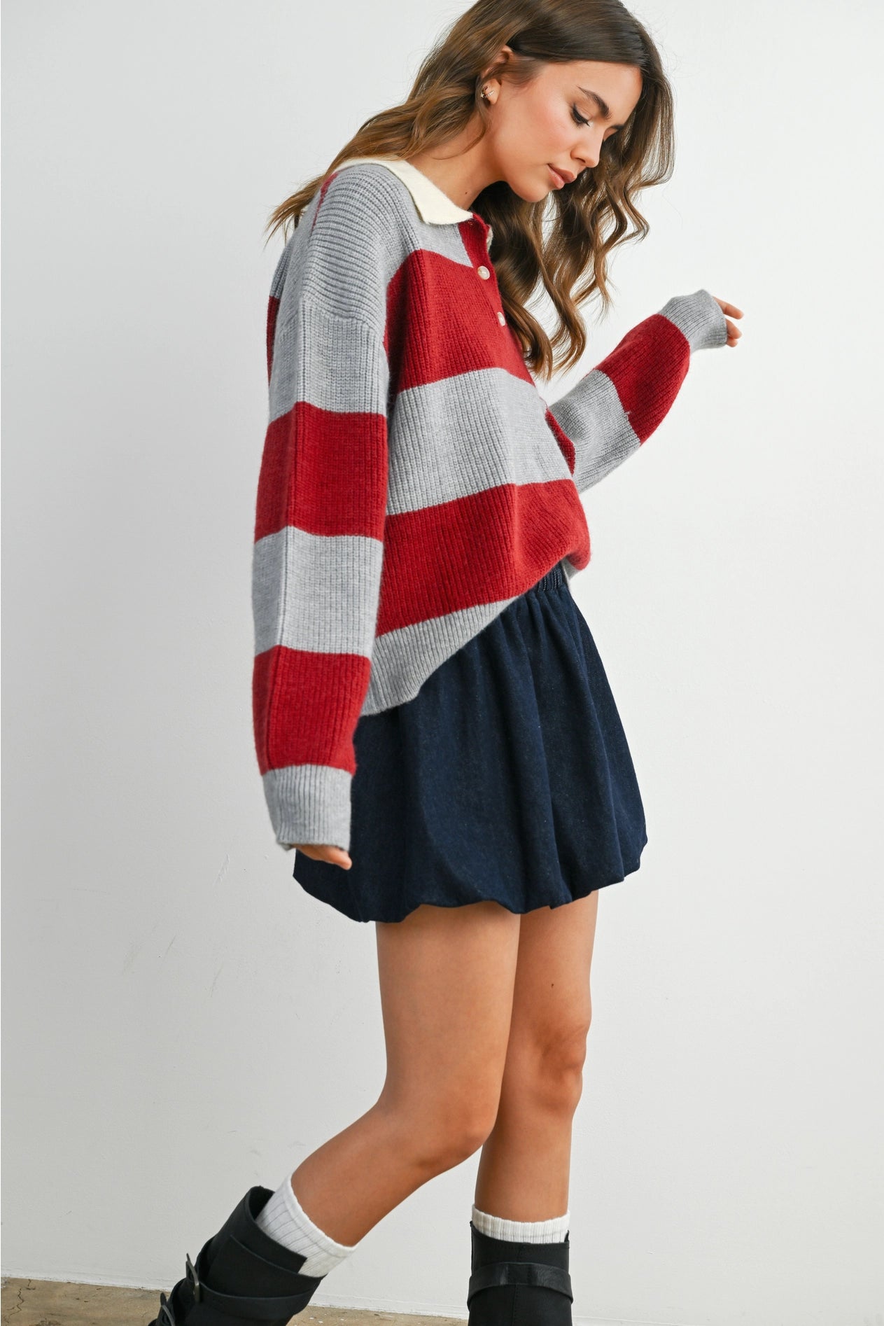 Buttoned Striped Collared Long Sleeve Top - Grey/Burgundy