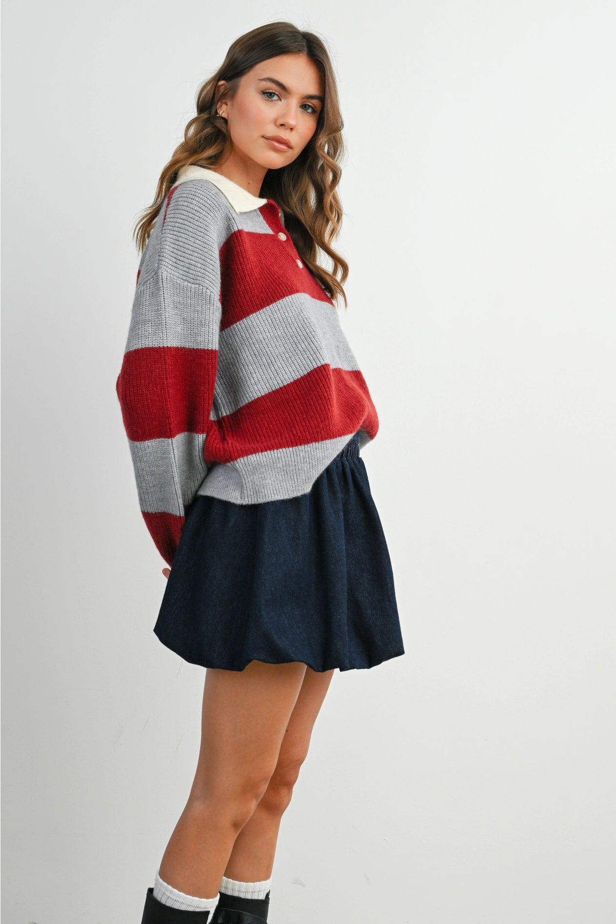 Buttoned Striped Collared Long Sleeve Top - Grey/Burgundy