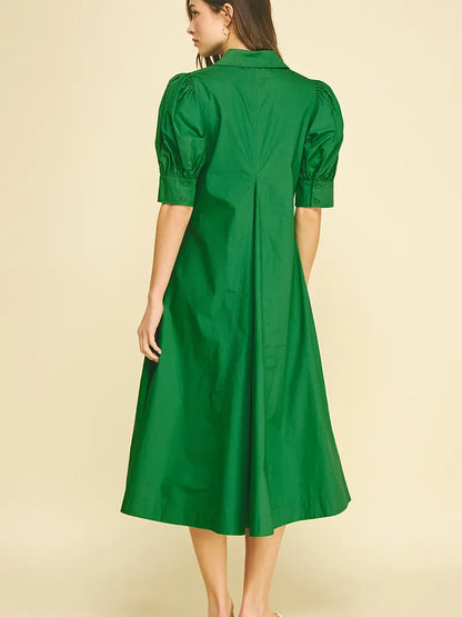 V-Neck Pleated A-Line Dress - Grass Green