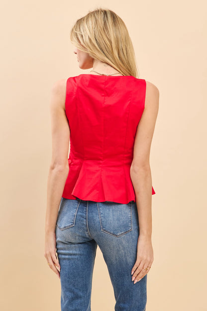 Boat Neckline Fit & Flare Sleeveless Top - Red