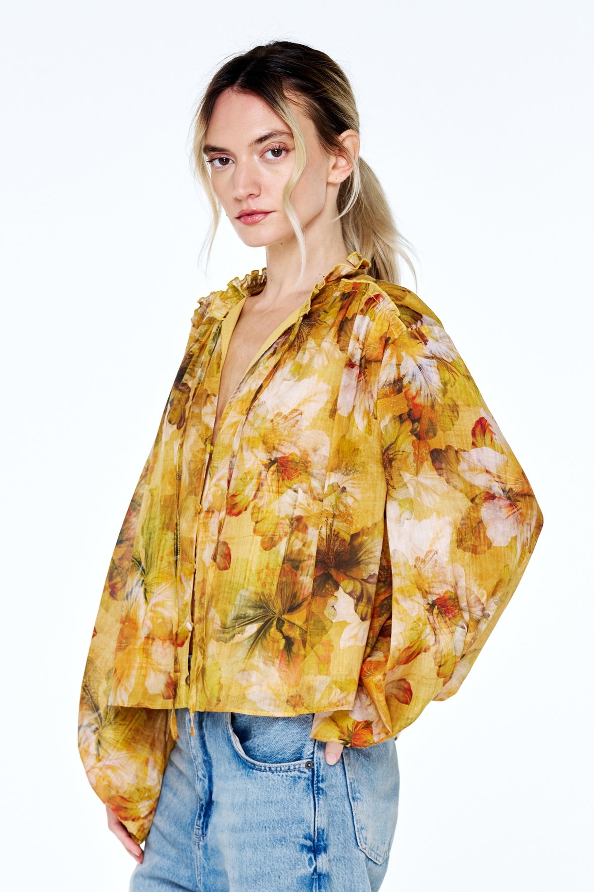 Teddy Button Down Ruffle Top