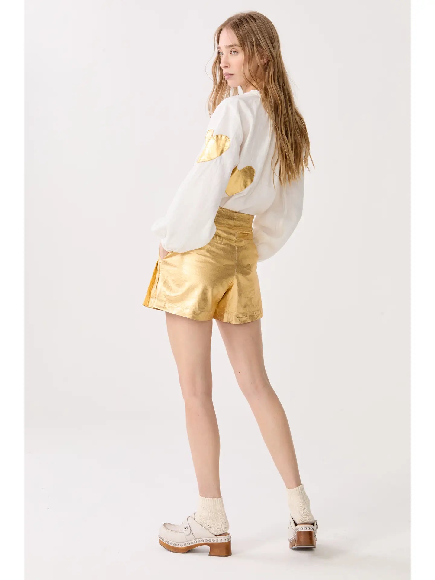 Cupid Linen Shirt - Off White w/ Gold Hearts