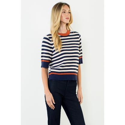 Stripe Short Sleeve Sweater Top - Navy/Orange