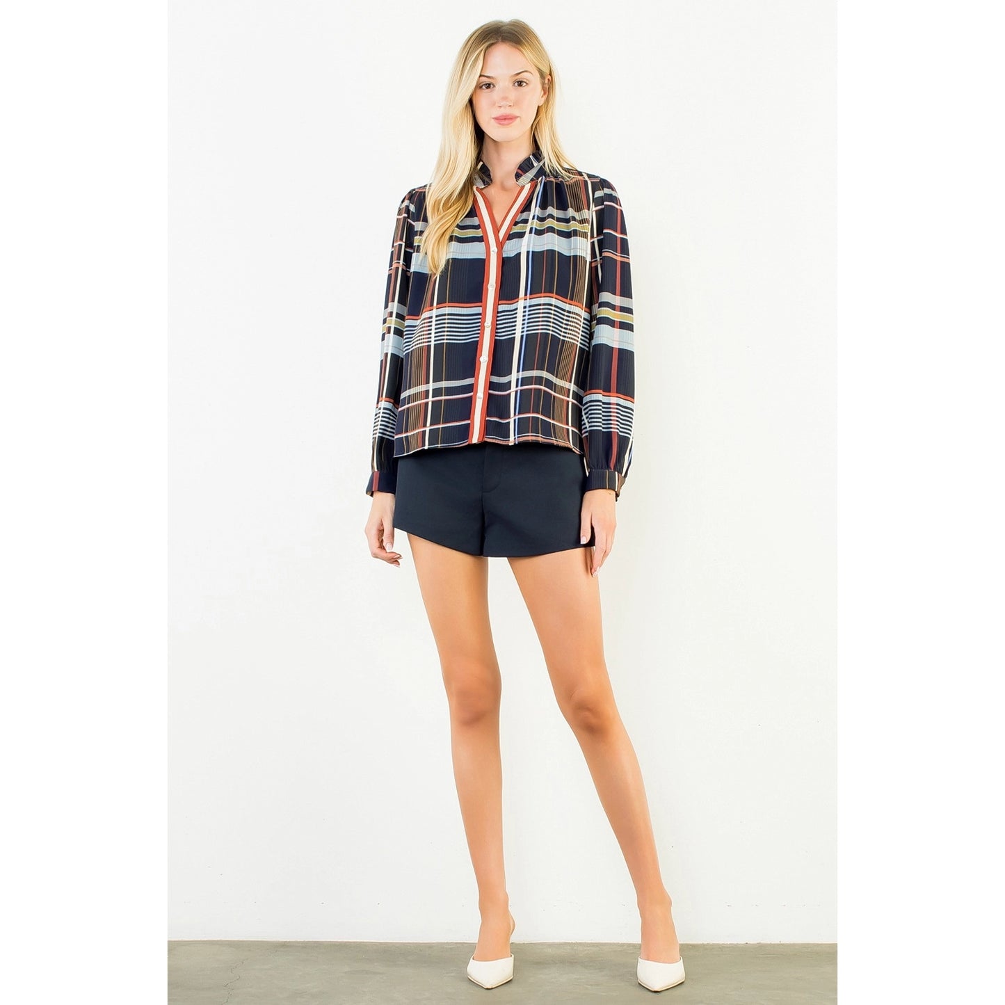 Plaid Long Sleeve Button Top - Navy