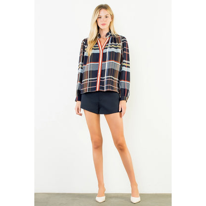 Plaid Long Sleeve Button Top - Navy