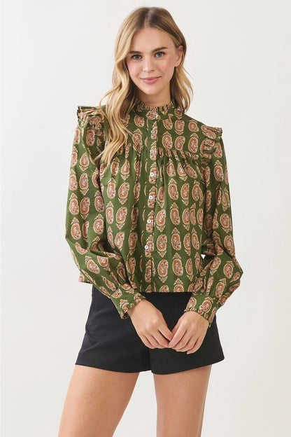 Paisley Print Button Down Shirt - Olive
