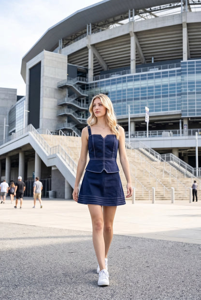 Stitch Detail Stretch Cotton Denim Mini Dress - Navy