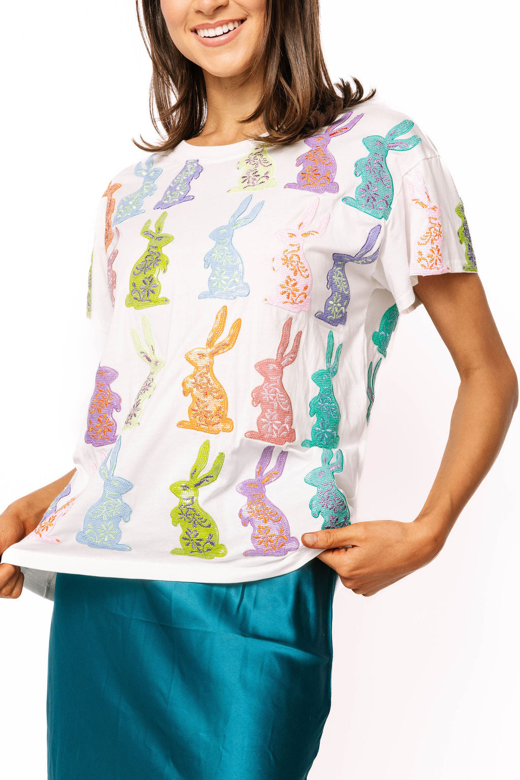 Queen of Sparkles White Multi Easter Bunny Tee Shirt