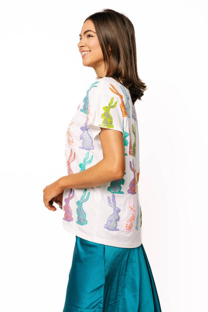 Queen of Sparkles White Multi Easter Bunny Tee Shirt