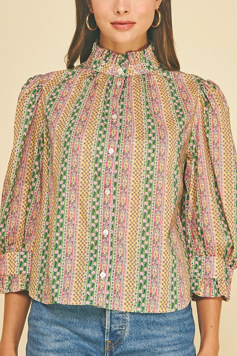 Floral Botanical Print Button Down Blouse - Green Multi