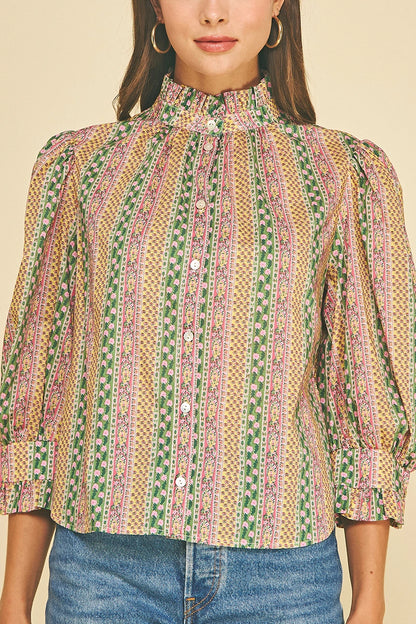 Floral Botanical Print Button Down Blouse - Green Multi