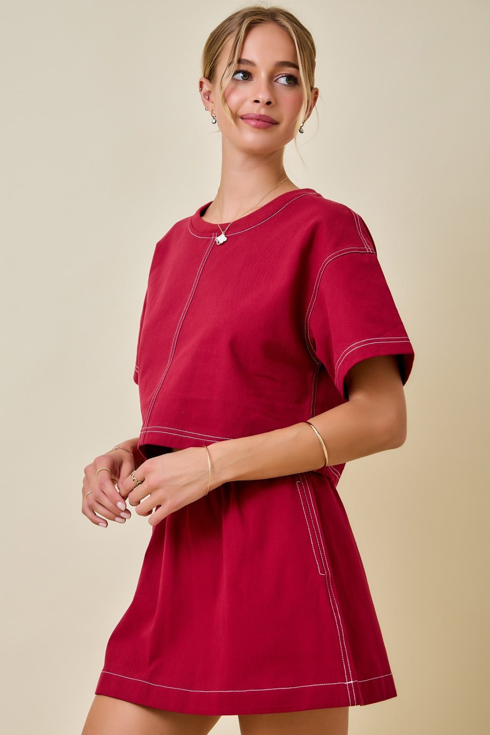 Boxy Cropped Contrast Stitch Detail Top - Maroon
