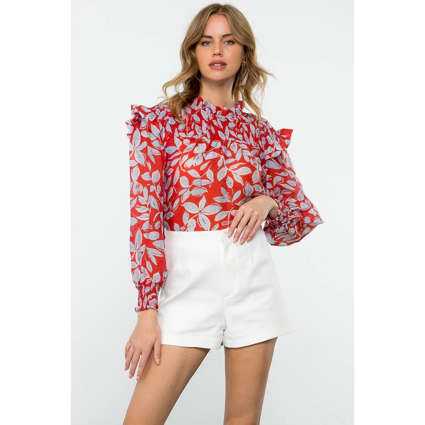 Long Sleeve Sheer Print Top - Red