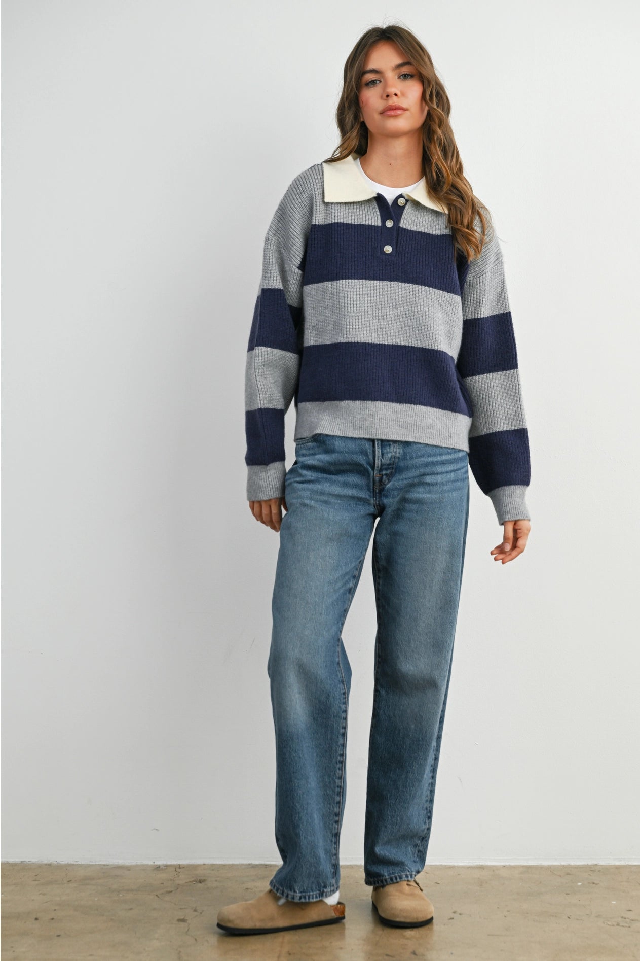 Buttoned Striped Collared Long Sleeve Top - Grey/Navy