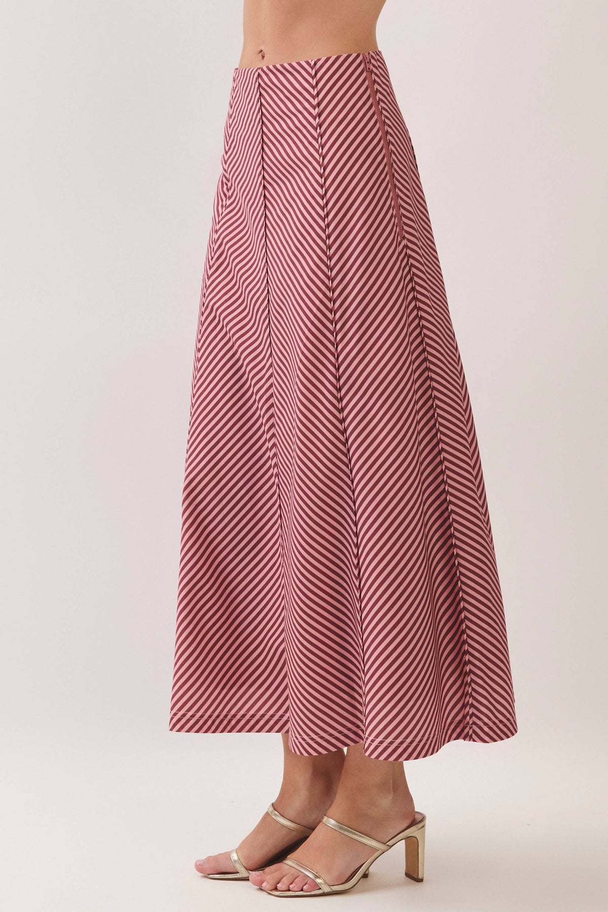 Bias Stripe A-Line Midi Skirt - Rust