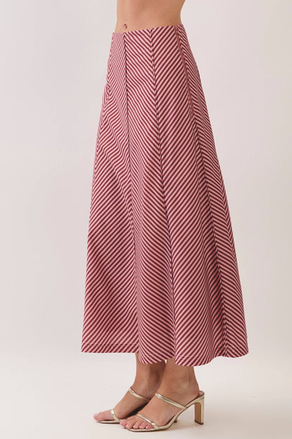 Bias Stripe A-Line Midi Skirt - Rust