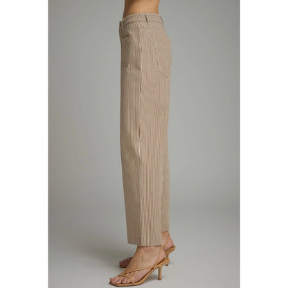 Striped Wide Leg Cropped Pants - Brown