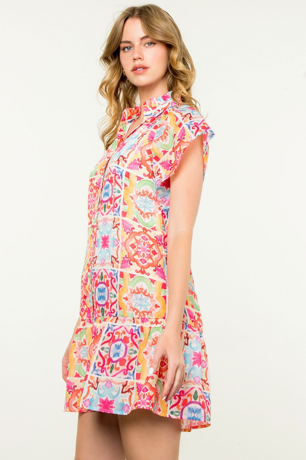 Print Button Up Dress - White