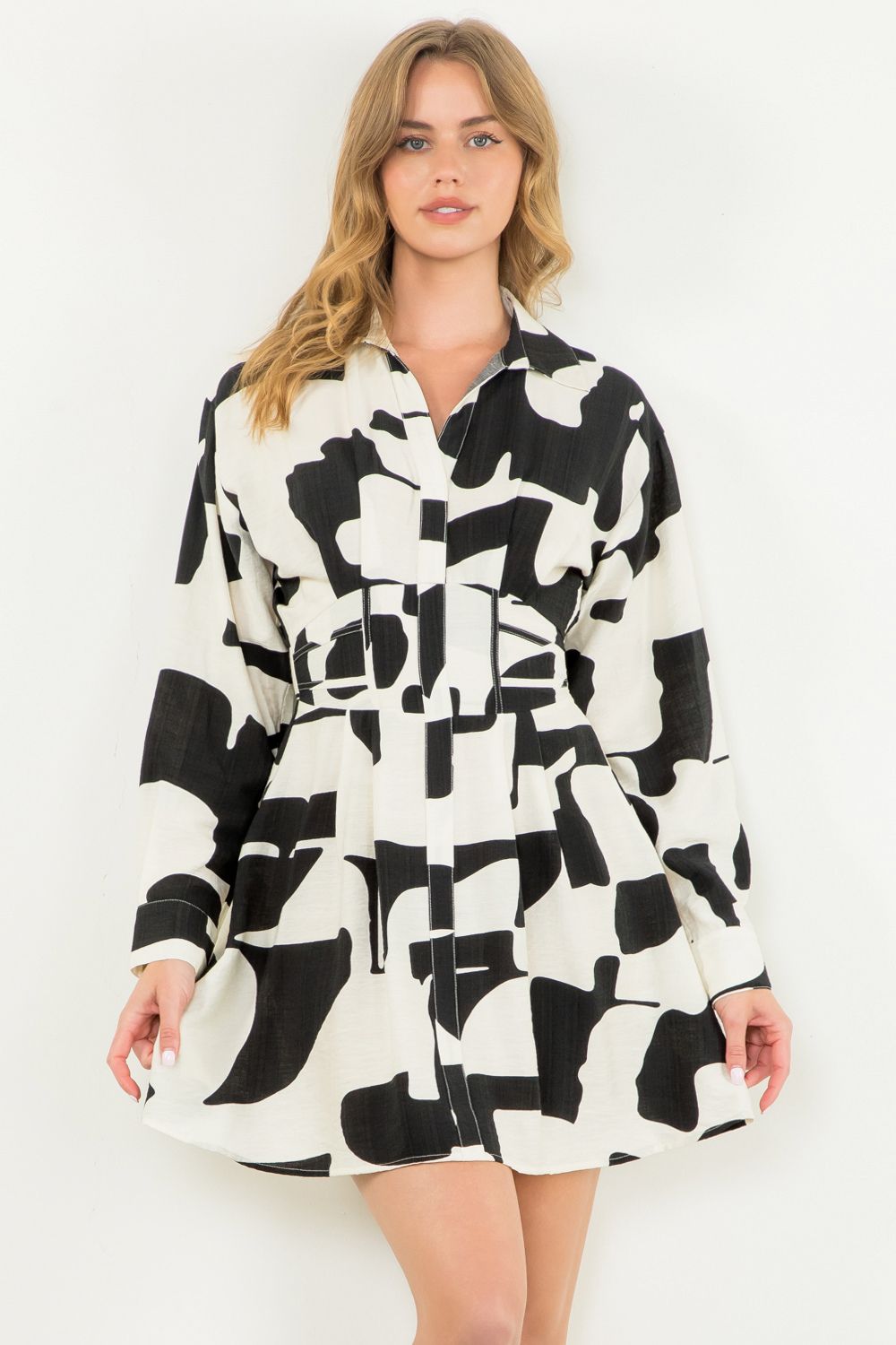 Long Sleeve Print Dress - Black