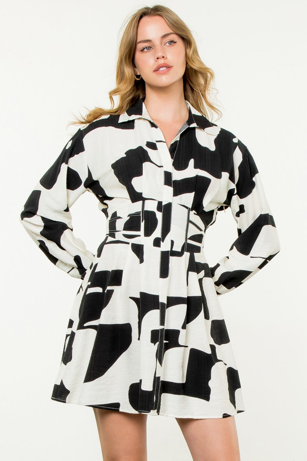 Long Sleeve Print Dress - Black