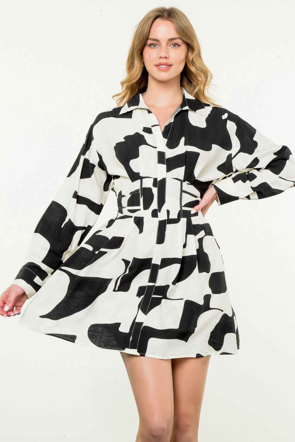 Long Sleeve Print Dress - Black