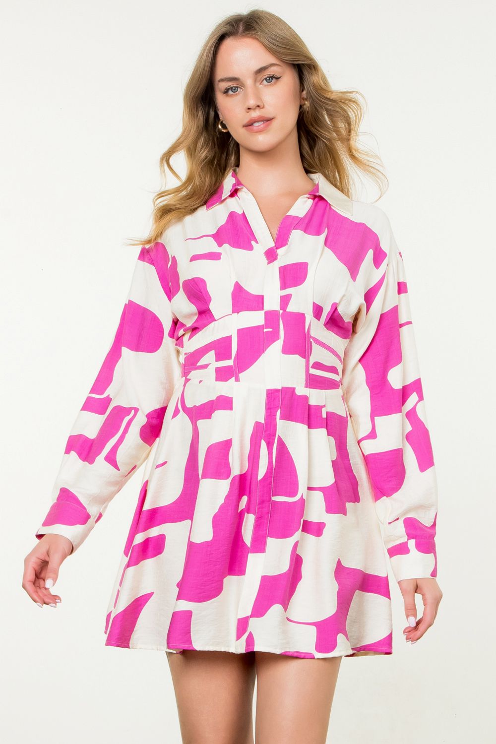 Long Sleeve Print Dress - Pink