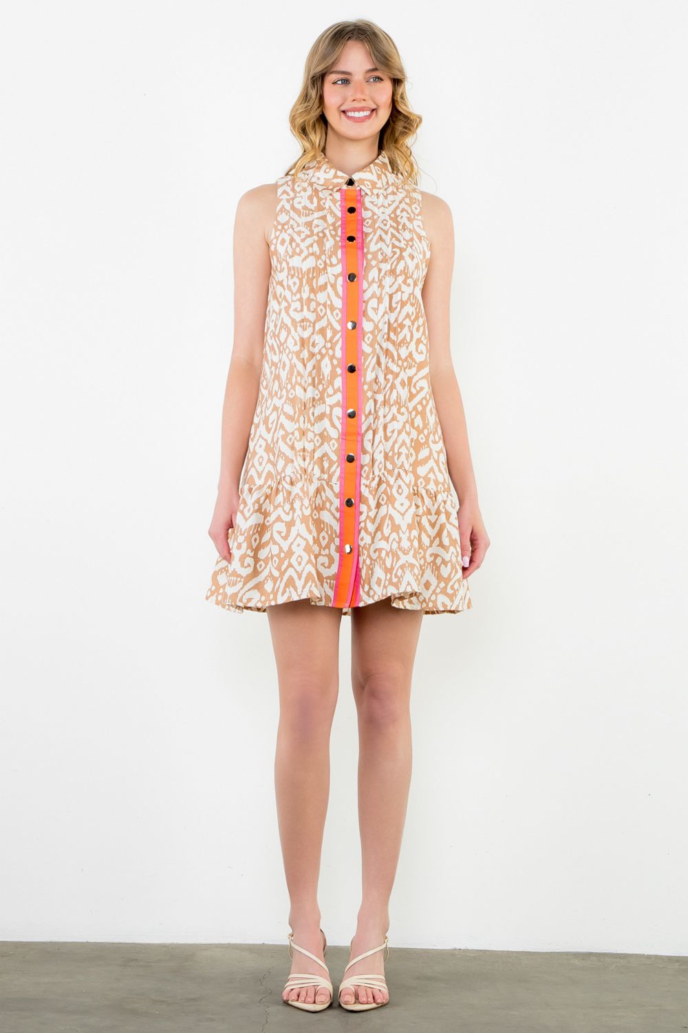 Sleeveless Print Dress - Beige