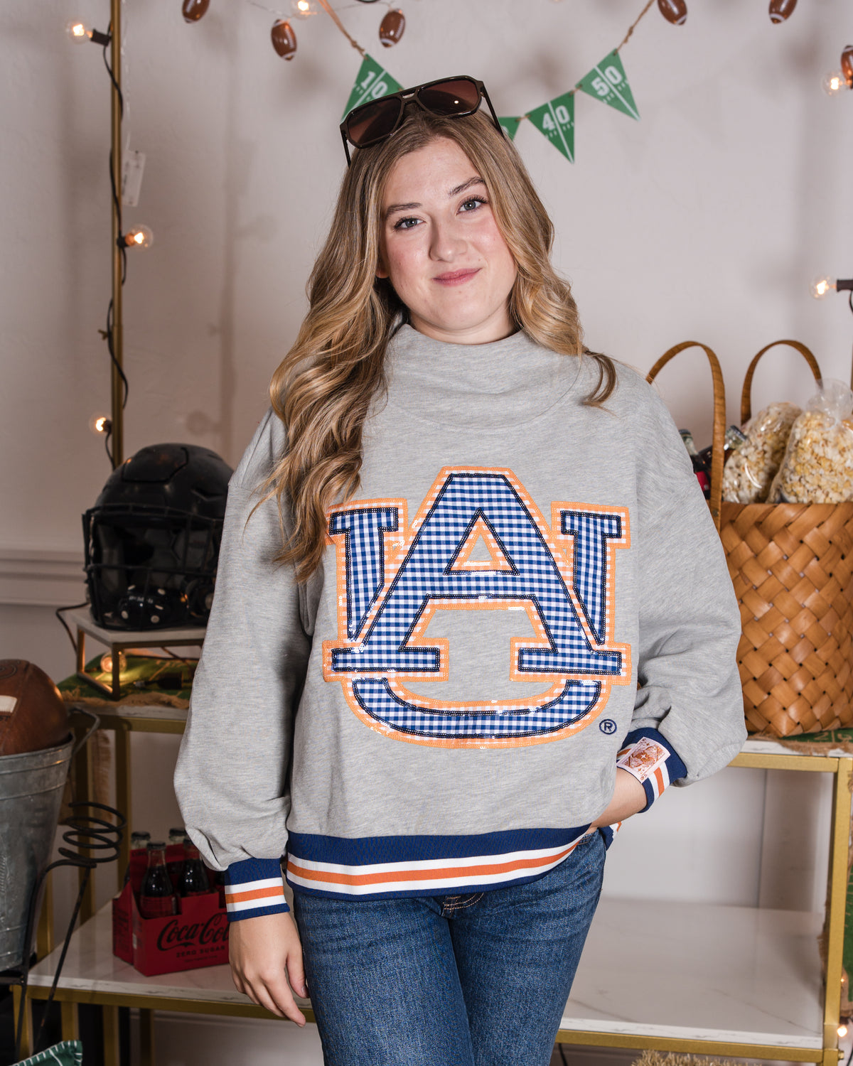 Queen of Sparkles Licensed Auburn Grey Gingham Mascot Mock Neck Sweatshirt