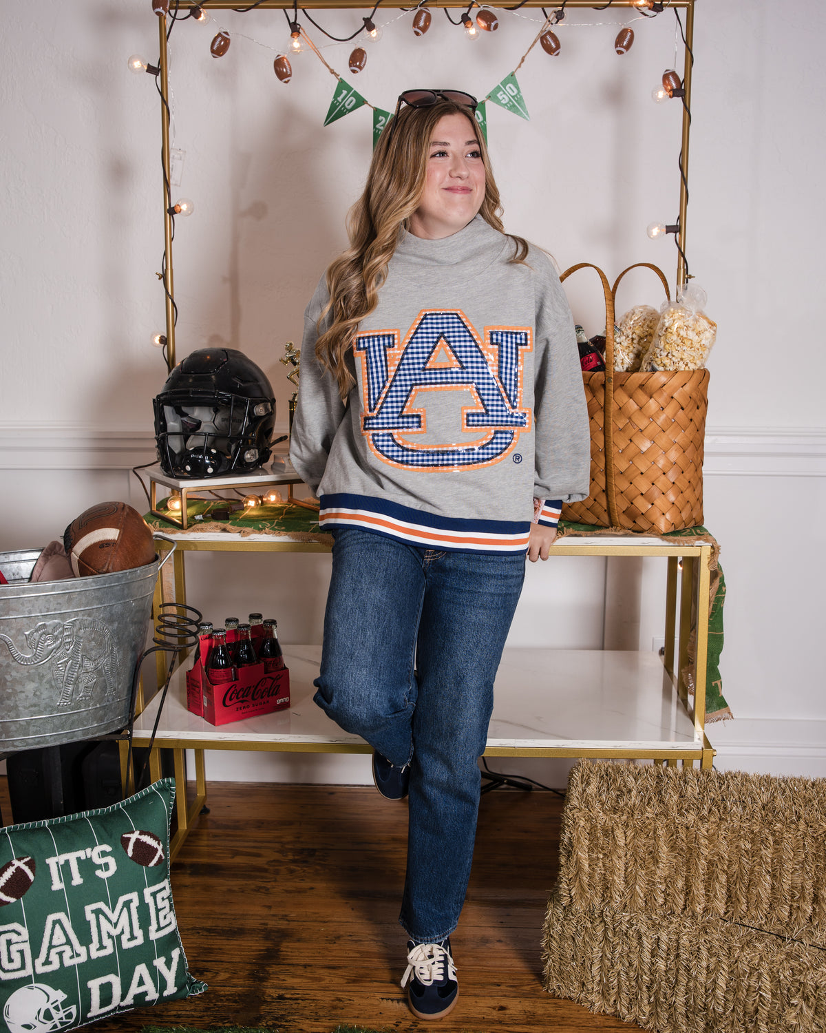 Queen of Sparkles Licensed Auburn Grey Gingham Mascot Mock Neck Sweatshirt
