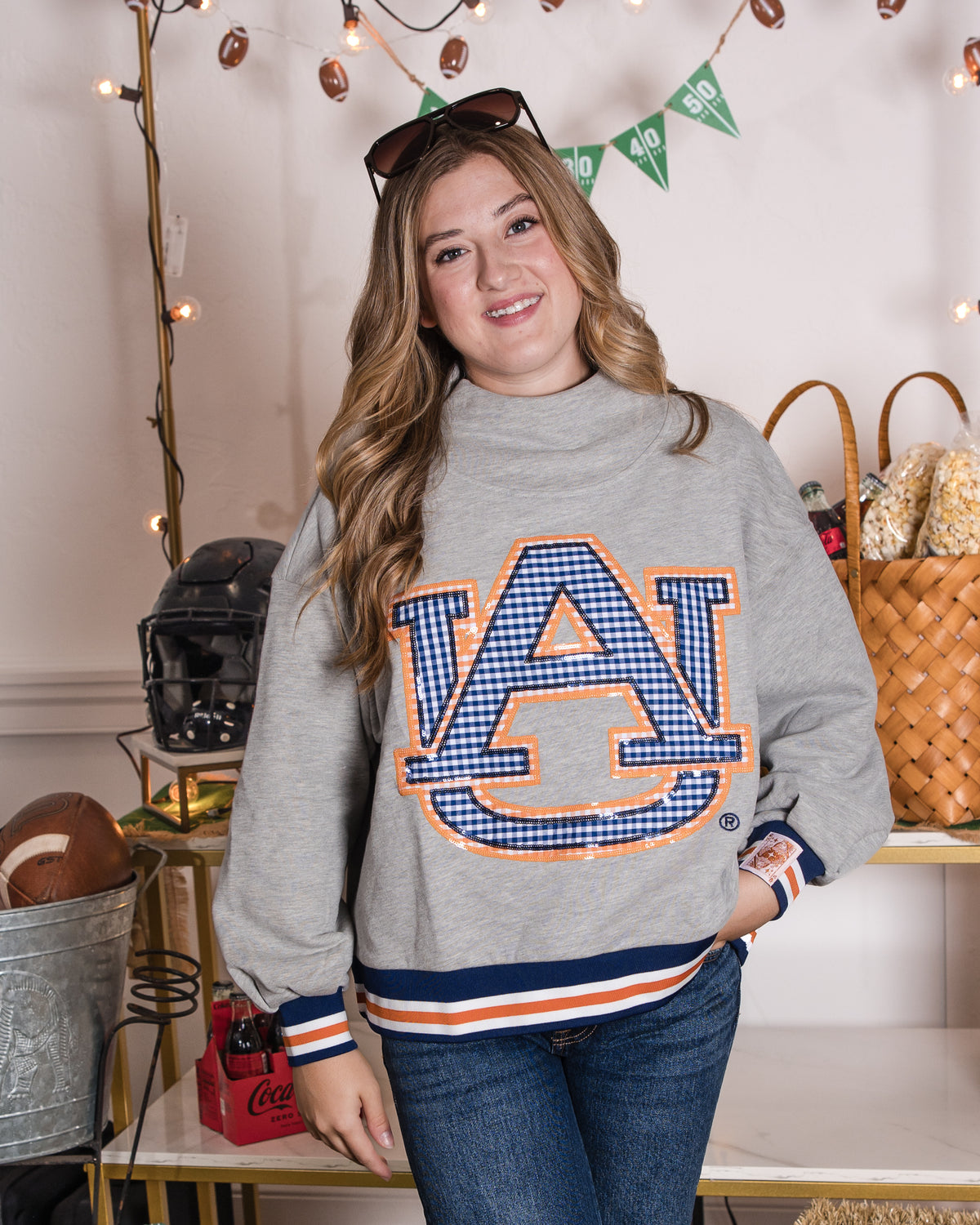 Queen of Sparkles Licensed Auburn Grey Gingham Mascot Mock Neck Sweatshirt