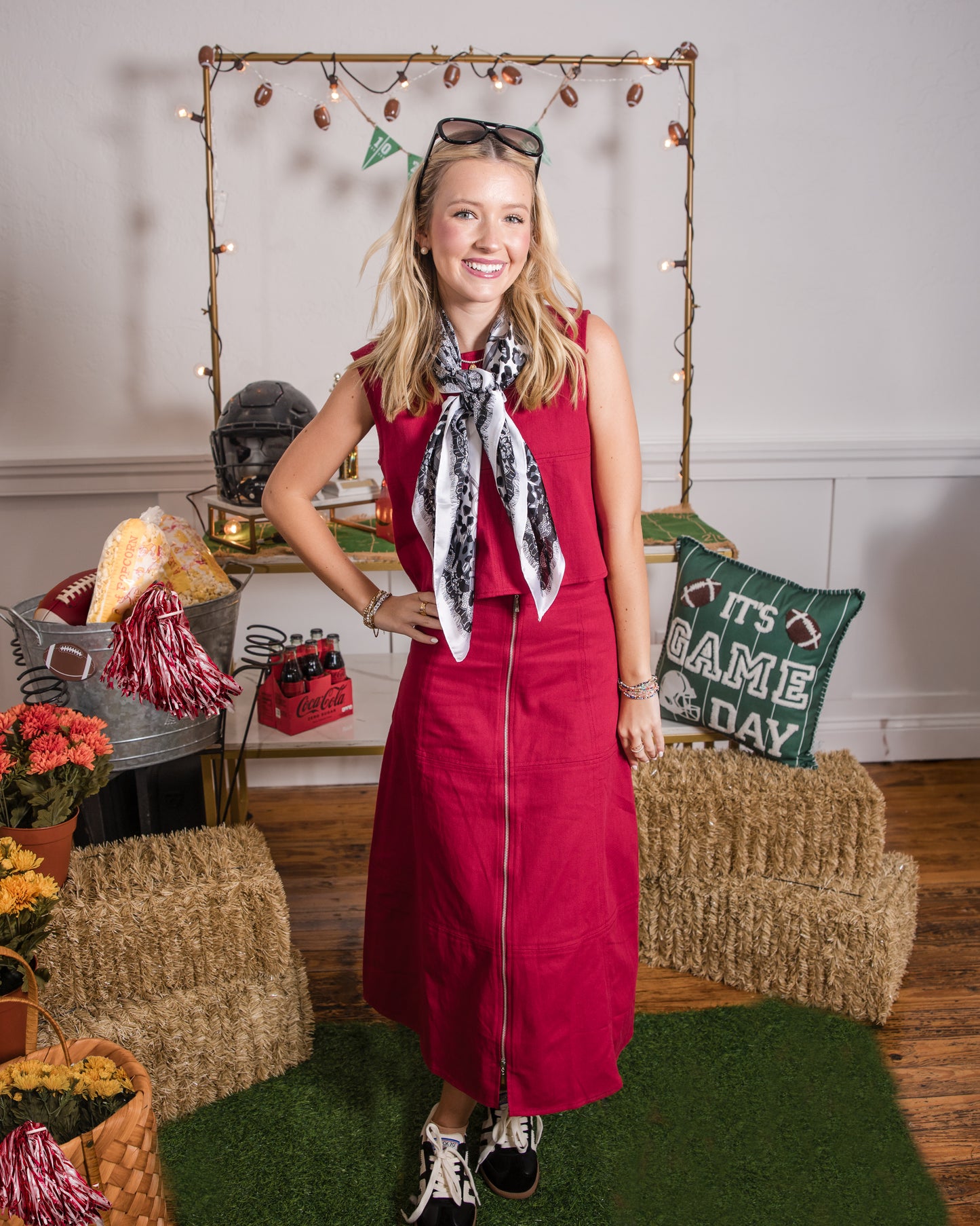 Front Zip Denim Midi Skirt - Crimson