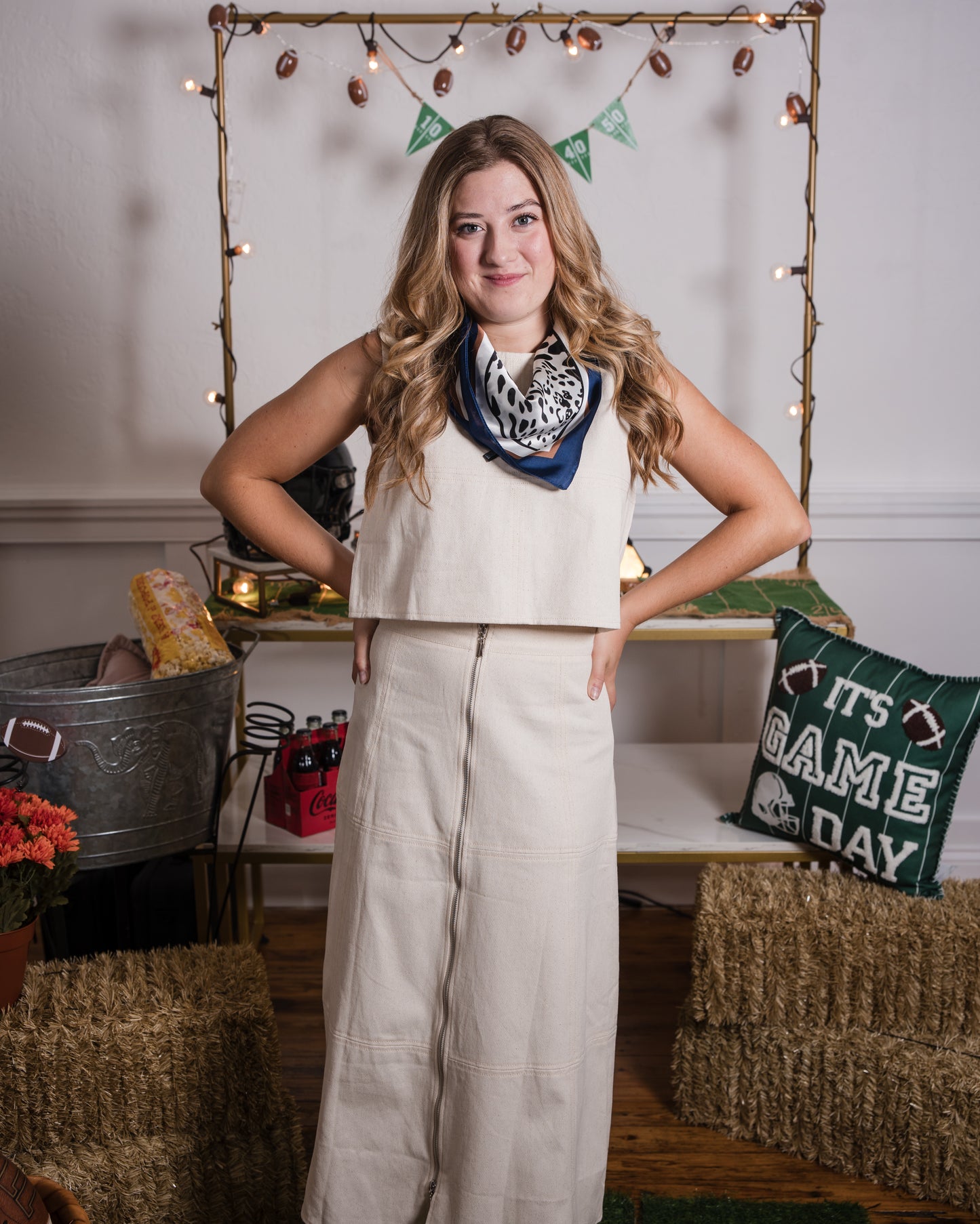 Front Zip Denim Midi Skirt - Oatmeal