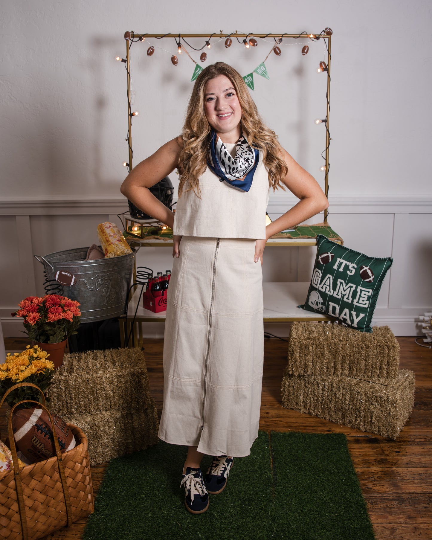 Front Zip Denim Midi Skirt - Oatmeal