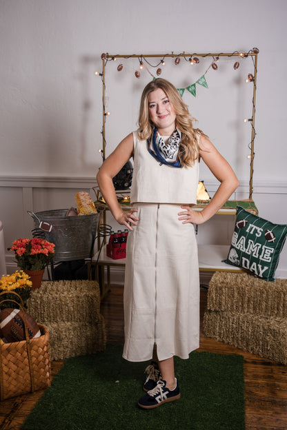 Front Zip Denim Midi Skirt - Oatmeal