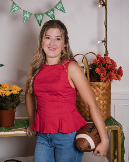 Boat Neckline Fit & Flare Sleeveless Top - Red