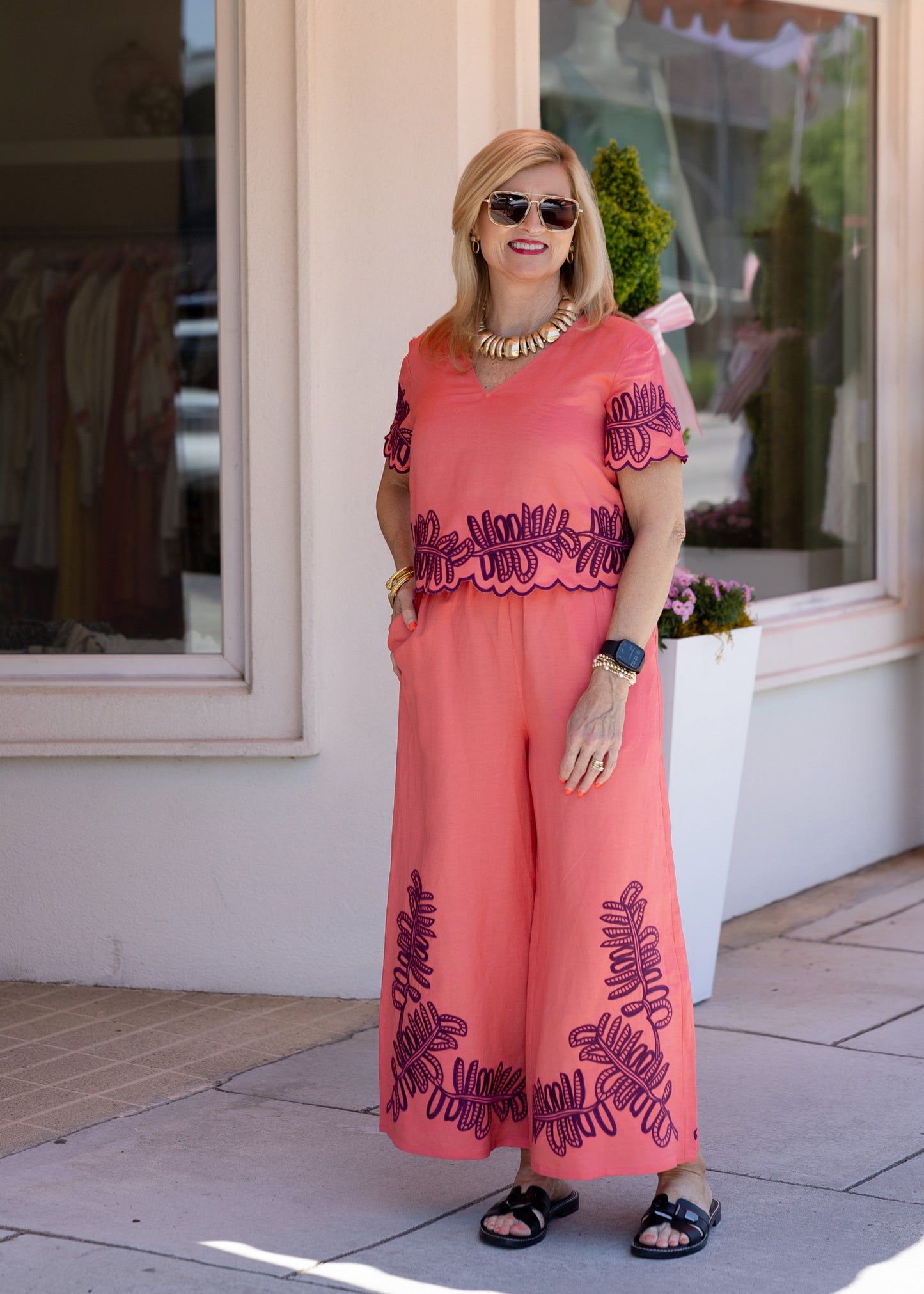 Lani Top - Coral Royal Palms Embroidery
