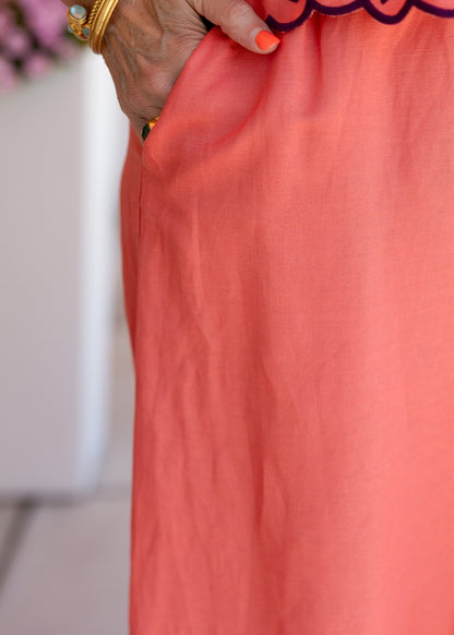 Gemma Pant - Coral Royal Palms Embroidery