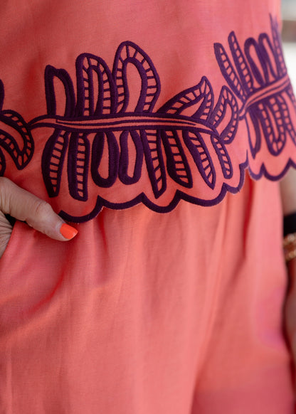 Lani Top - Coral Royal Palms Embroidery