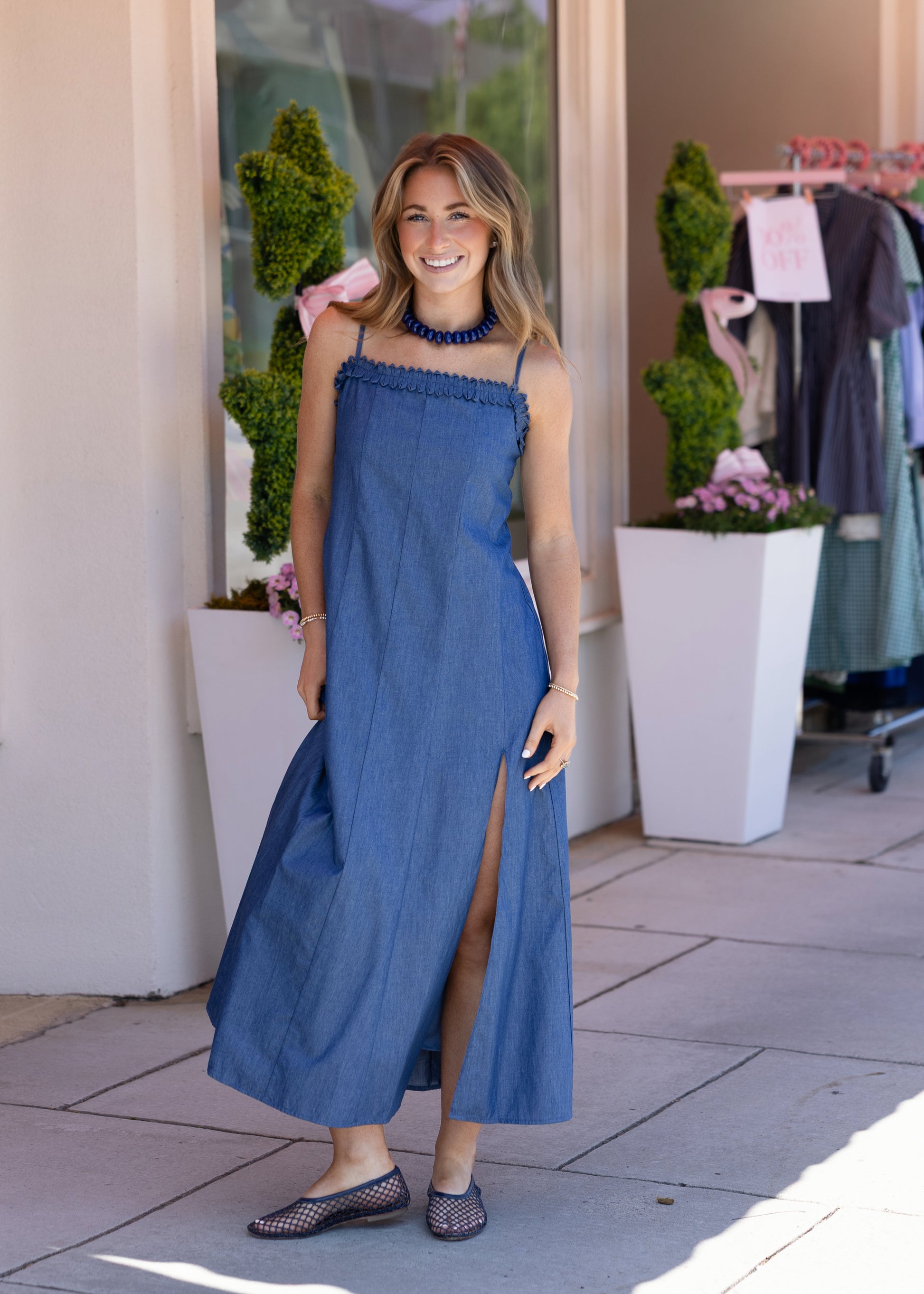 Thin Strap Denim Midi Dress