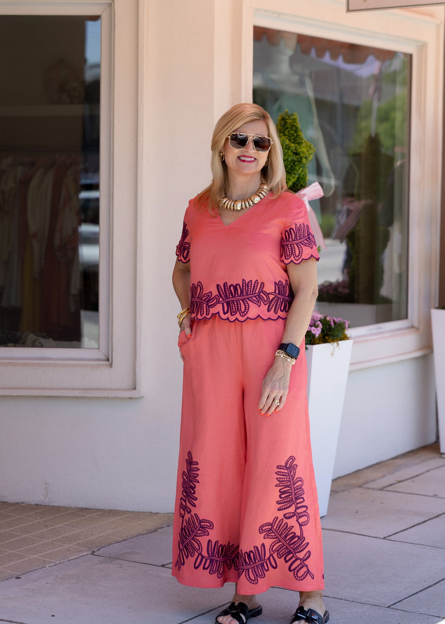 Lani Top - Coral Royal Palms Embroidery