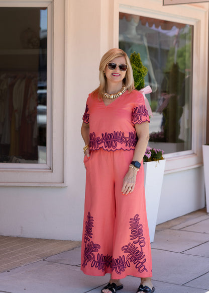 Lani Top - Coral Royal Palms Embroidery