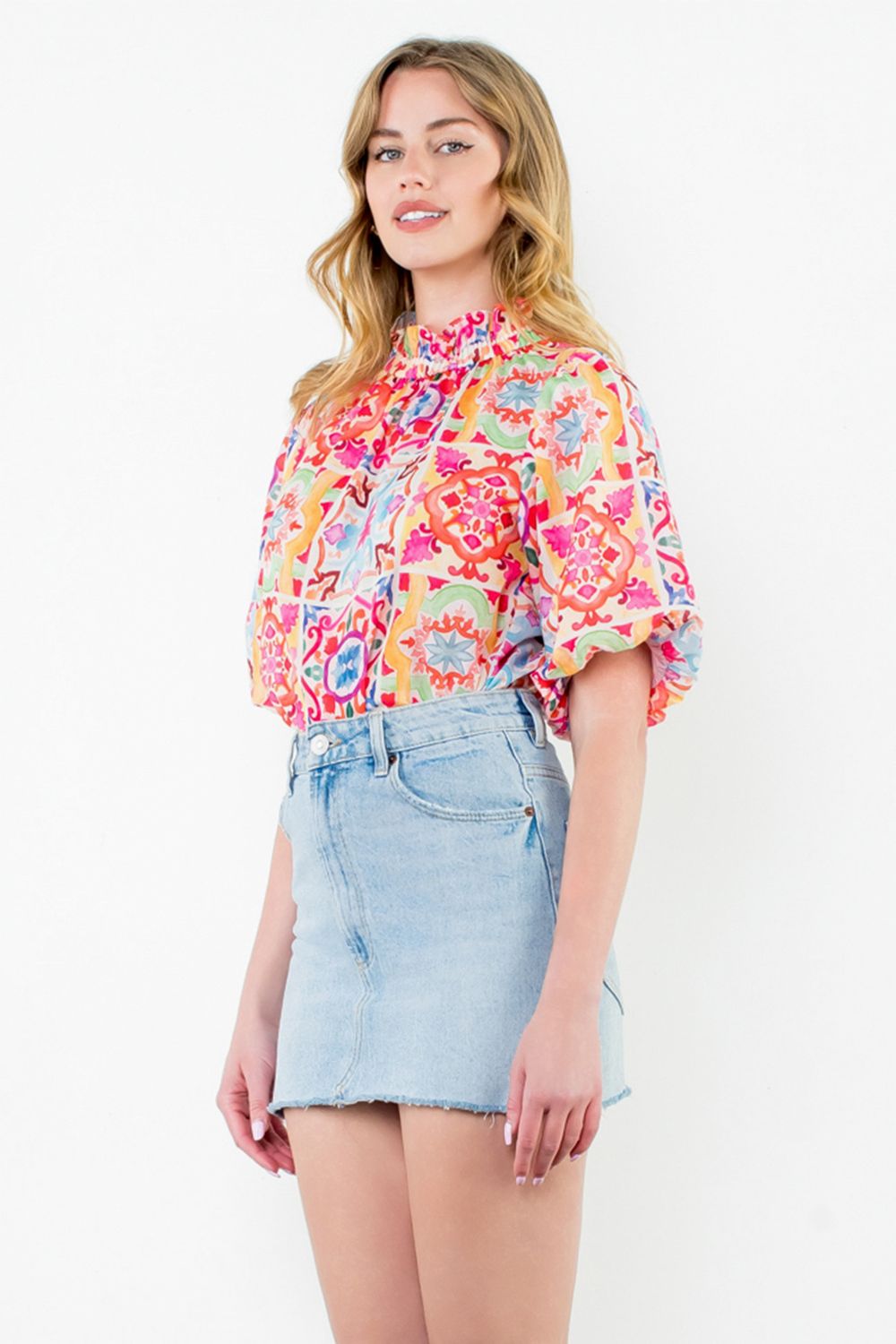 Puff Sleeve Multi Color Top - White