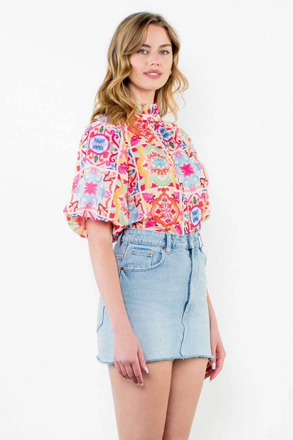 Puff Sleeve Multi Color Top - White