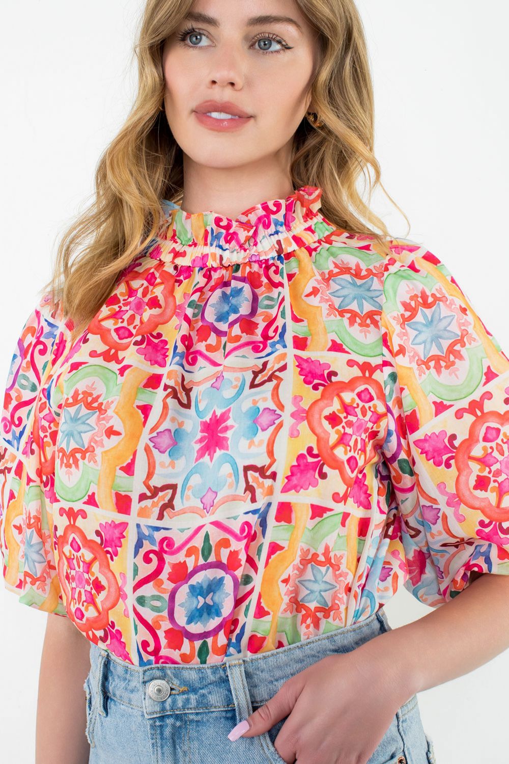 Puff Sleeve Multi Color Top - White