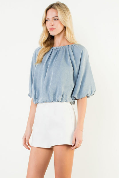 Short Sleeve Flowy Top - Denim Blue
