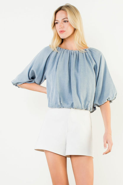 Short Sleeve Flowy Top - Denim Blue