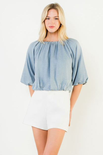 Short Sleeve Flowy Top - Denim Blue