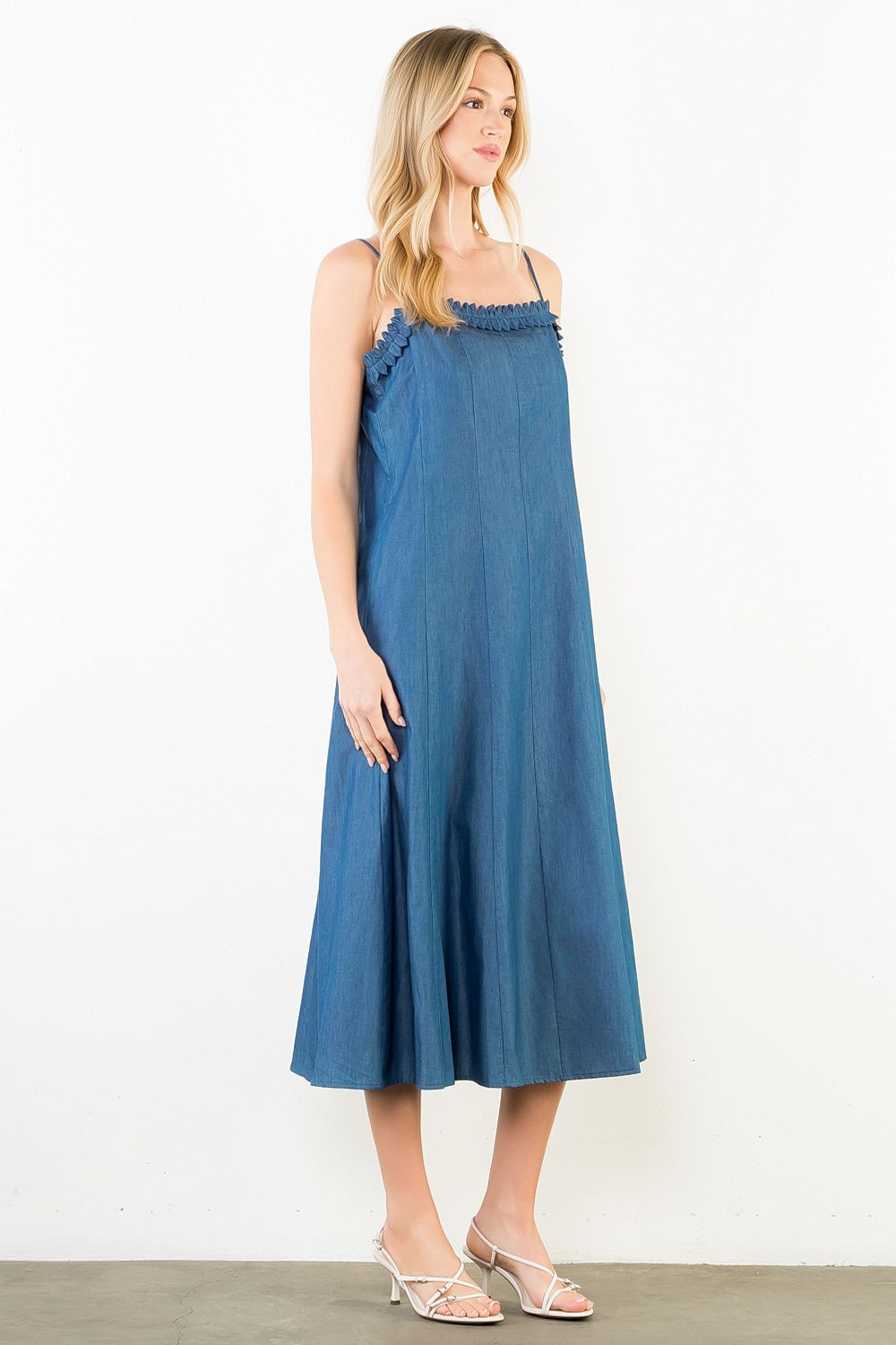 Thin Strap Denim Midi Dress - Dark Blue