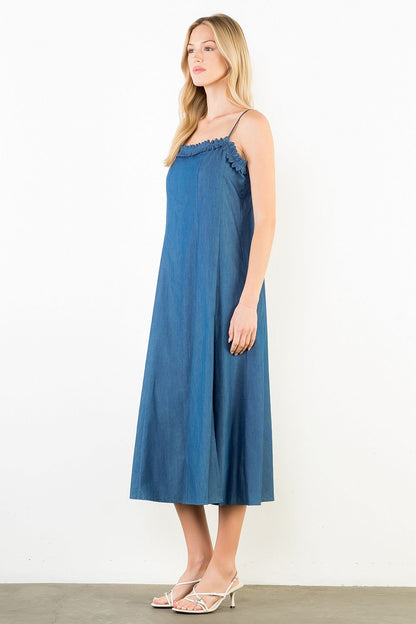 Thin Strap Denim Midi Dress - Dark Blue